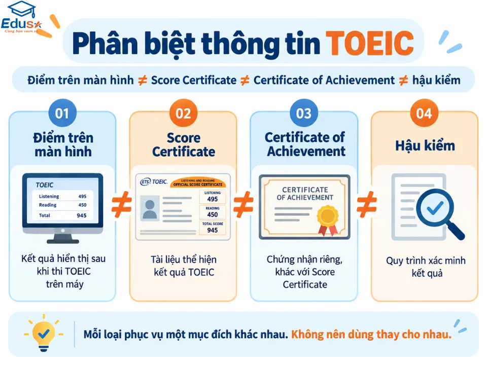 Phân biệt điểm TOEIC trên màn hình, Score Certificate, Certificate of Achievement và hậu kiểm