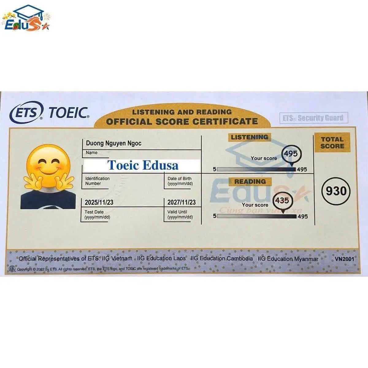 Bảng điểm TOEIC 930 gồm Listening 495 và Reading 435 của học viên EDUSA