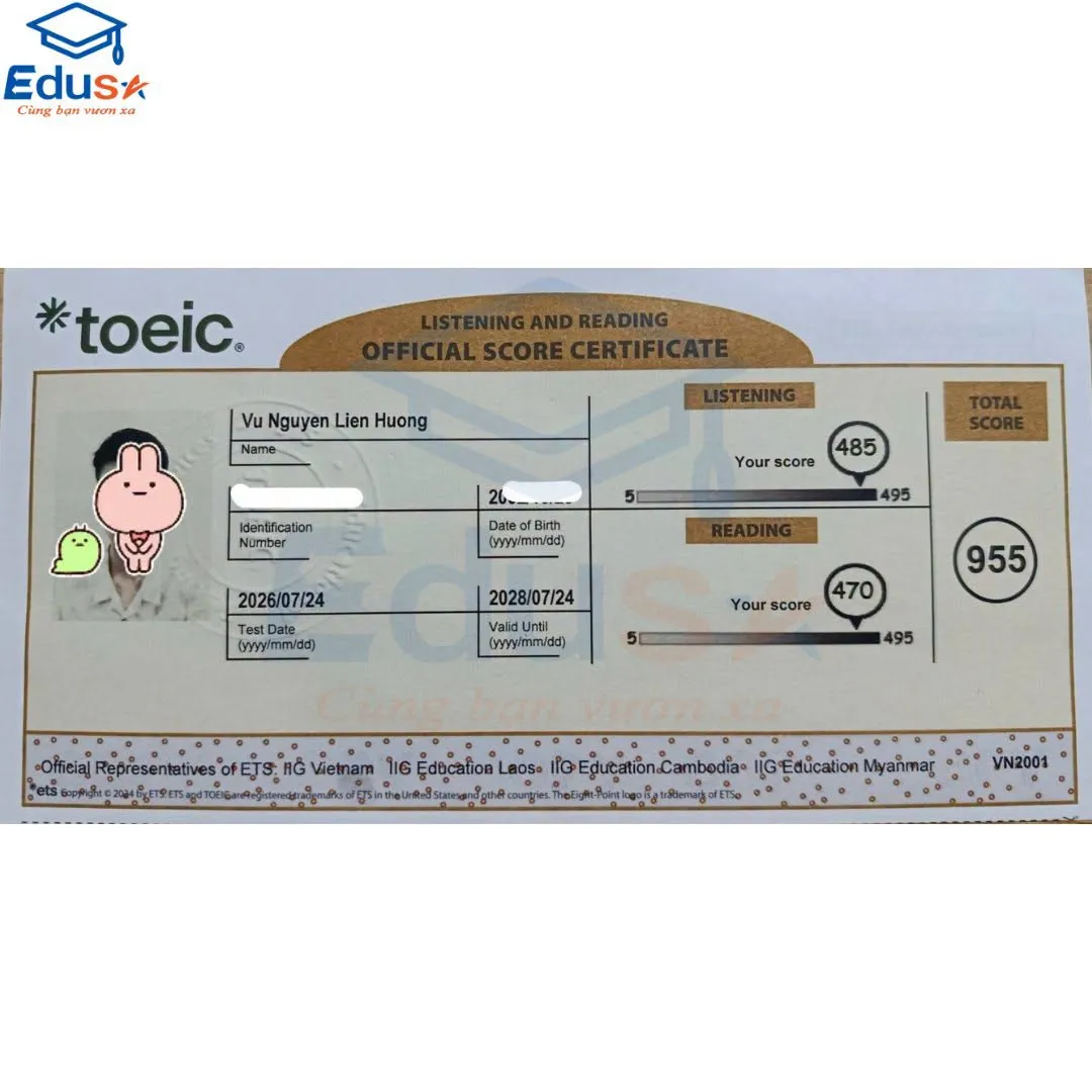 Bảng điểm TOEIC 955 gồm Listening 485 và Reading 470 của học viên EDUSA