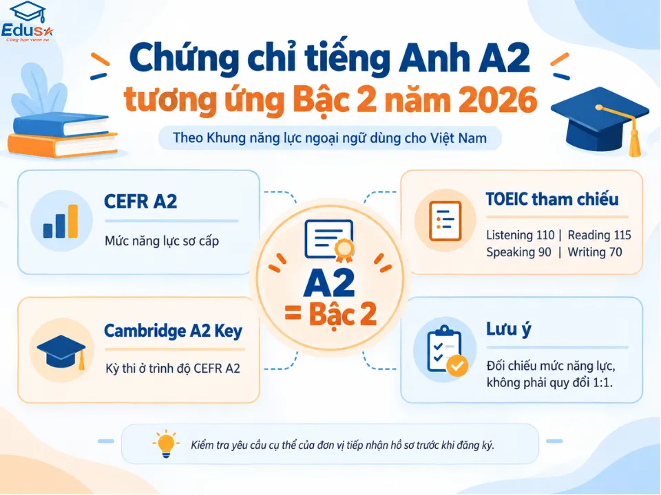 Chứng chỉ tiếng Anh A2 tương ứng Bậc 2 theo Khung năng lực ngoại ngữ Việt Nam 2026