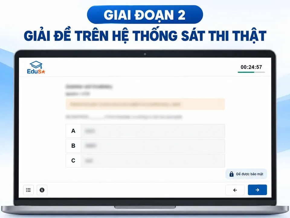 Giao diện luyện đề Aptis trên hệ thống EDUSA với đồng hồ và câu hỏi trắc nghiệm