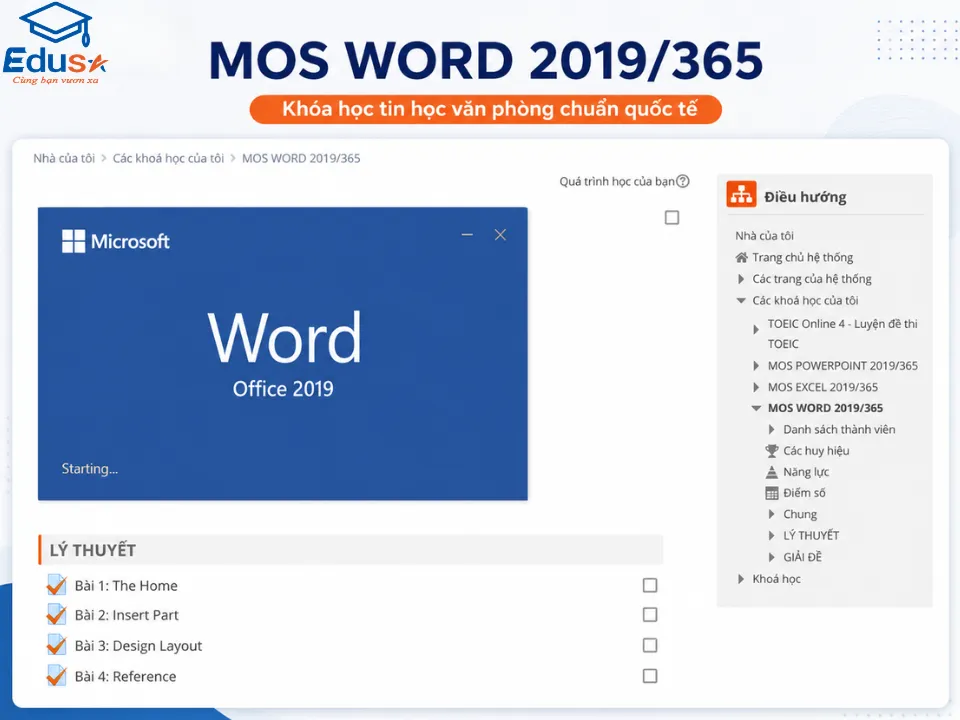 Giao diện học MOS Word 2019 và Microsoft 365 Apps Online tại EDUSA
