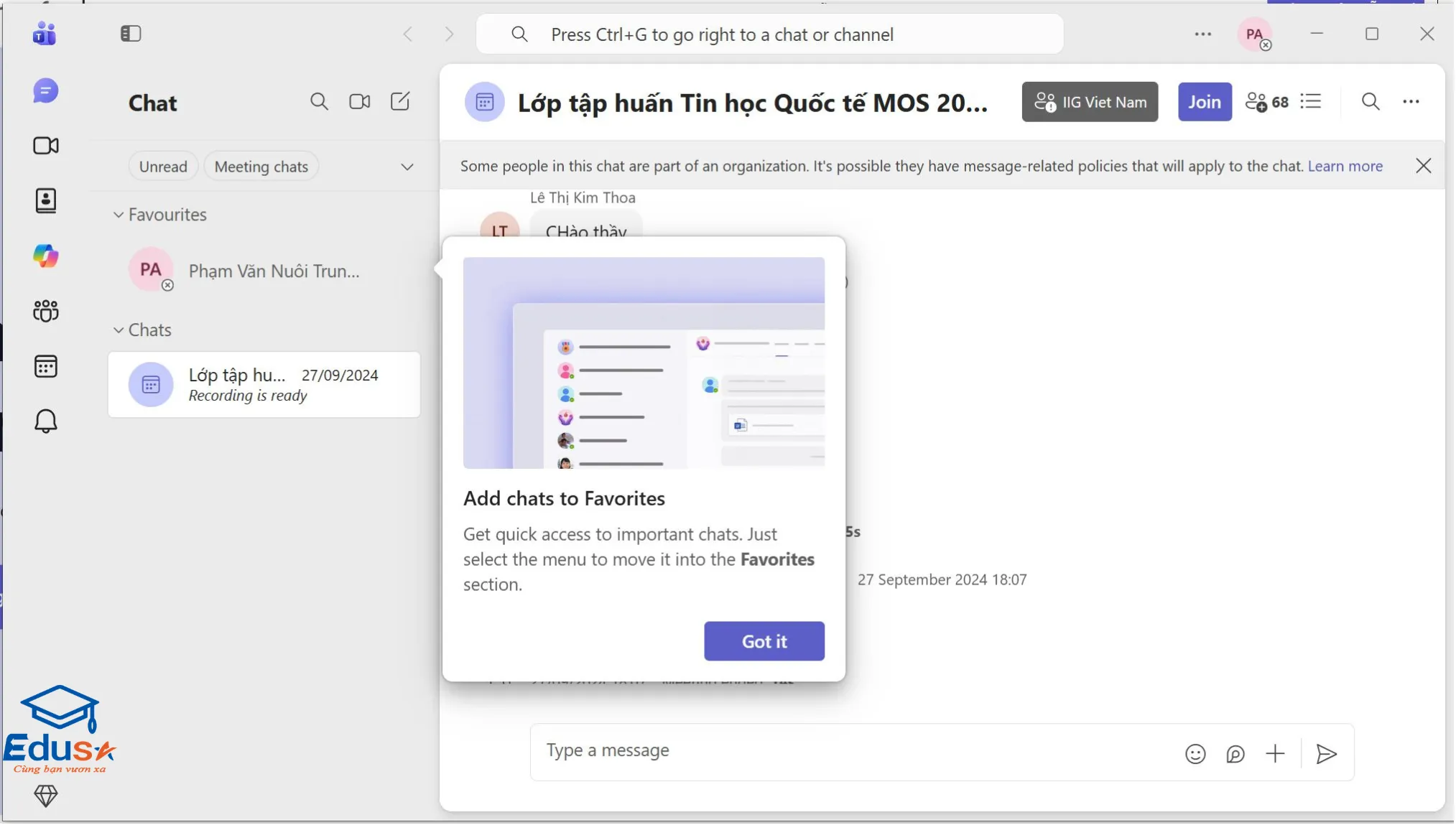 Giao diện Microsoft Teams của lớp tập huấn Tin học Quốc tế MOS