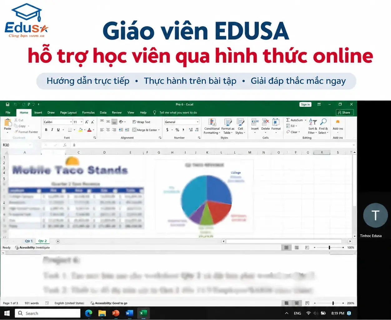 Giáo viên EDUSA hỗ trợ học viên thực hành Excel qua hình thức online