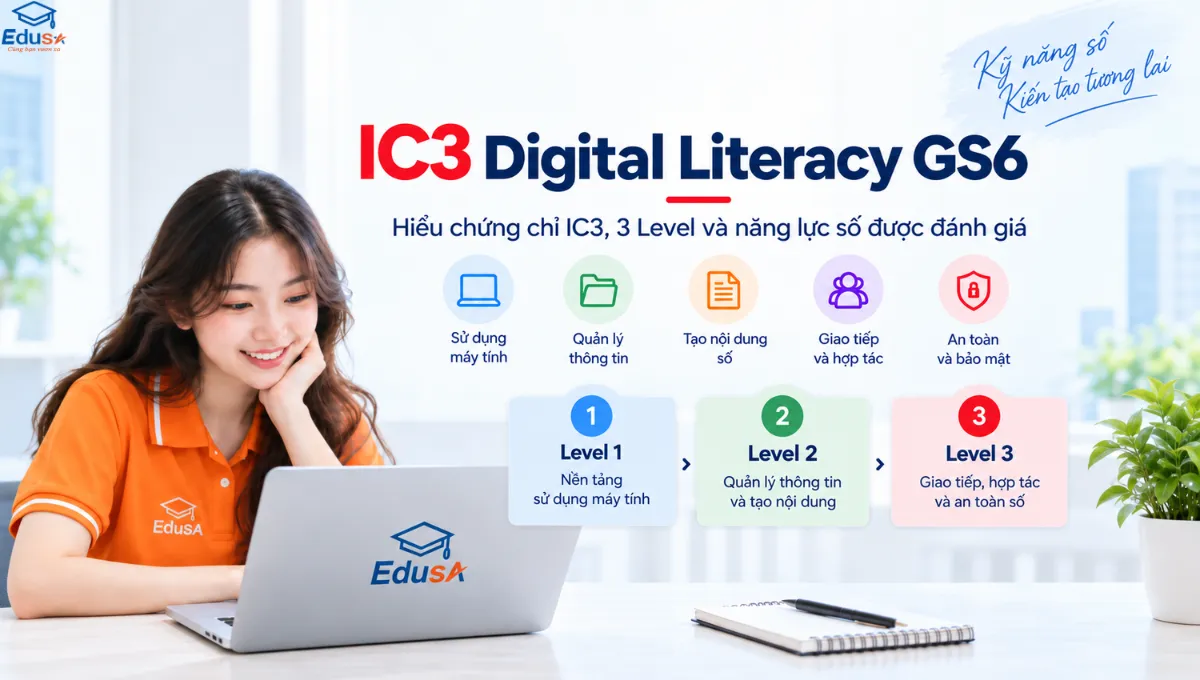 IC3 Digital Literacy GS6 gồm 3 Level và các nhóm năng lực số được đánh giá