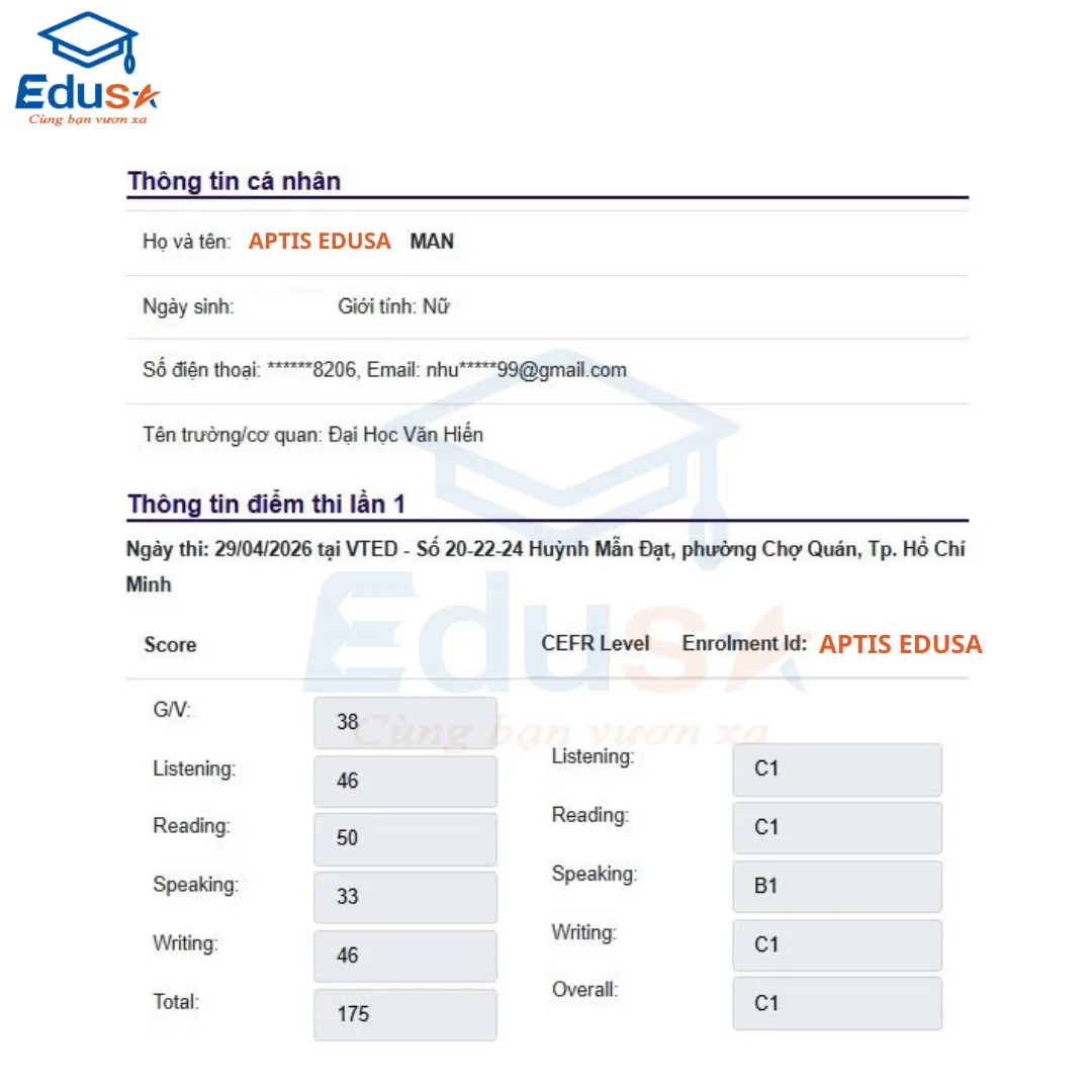 Kết quả Aptis có ba kỹ năng đạt C1 của học viên EDUSA