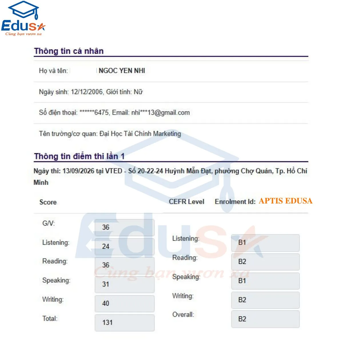 Kết quả Aptis mục tiêu B1 đạt Overall B2 của học viên EDUSA