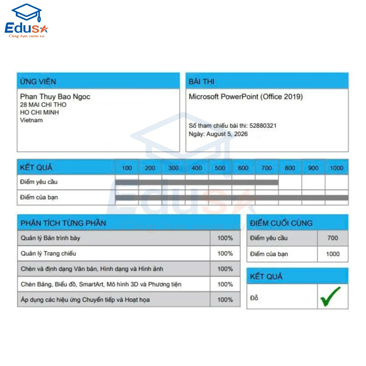 Hình ảnh kết quả thi MOS Word đạt 1000 điểm do EDUSA cung cấp, mang tính tham khảo