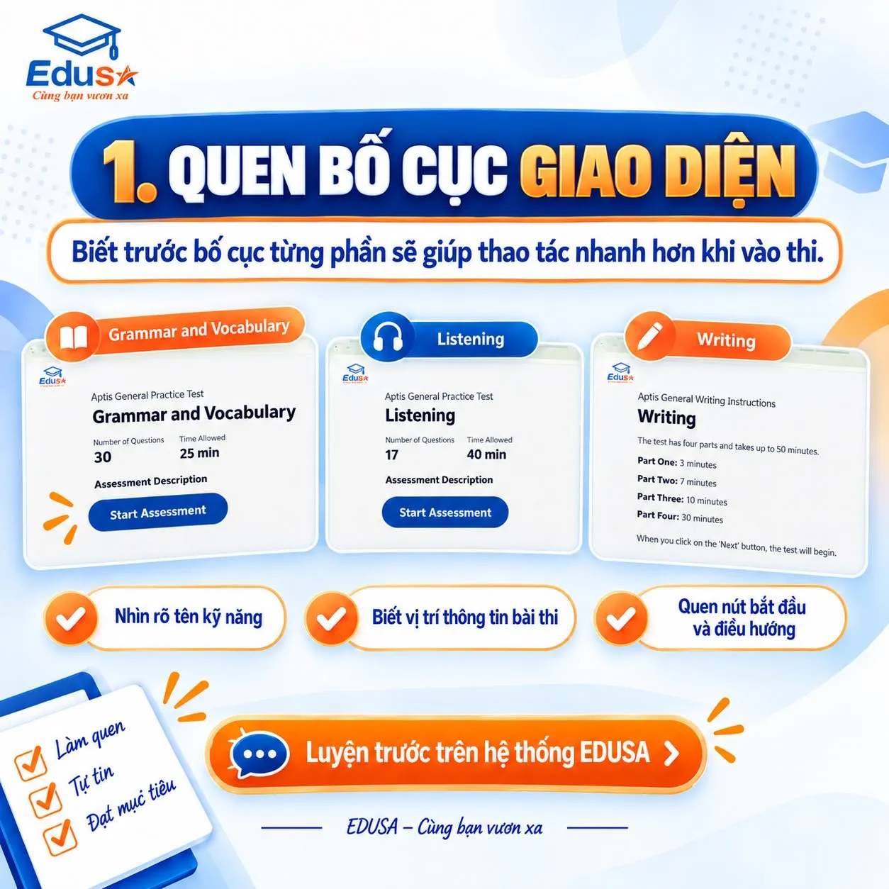 Làm quen bố cục giao diện bài luyện Aptis trên EDUSA