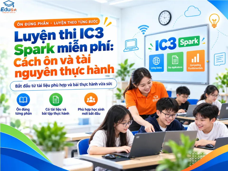 Học viên luyện thi IC3 Spark với tài liệu và thực hành trên máy tính tại EDUSA