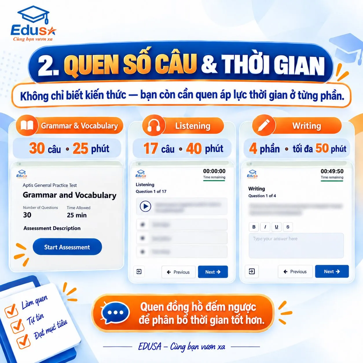 Số câu và thời gian trong bài luyện Aptis trên máy tính
