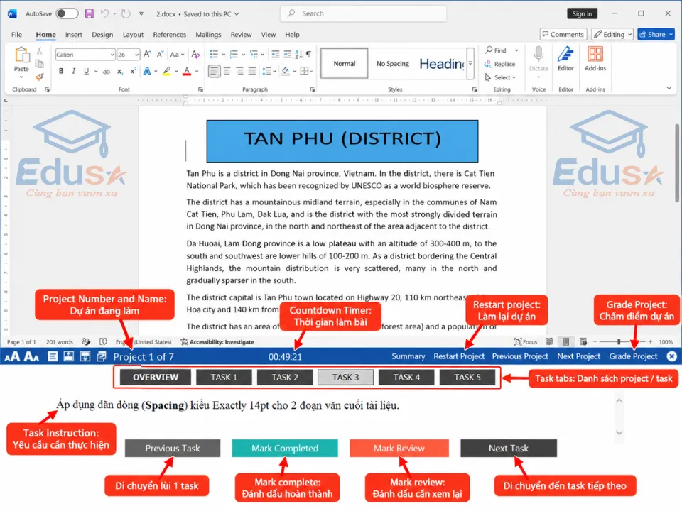 Giao diện luyện MOS Word bằng tiếng Việt có chú thích Project, Task, thời gian, Mark Completed, Mark Review và các nút điều hướng